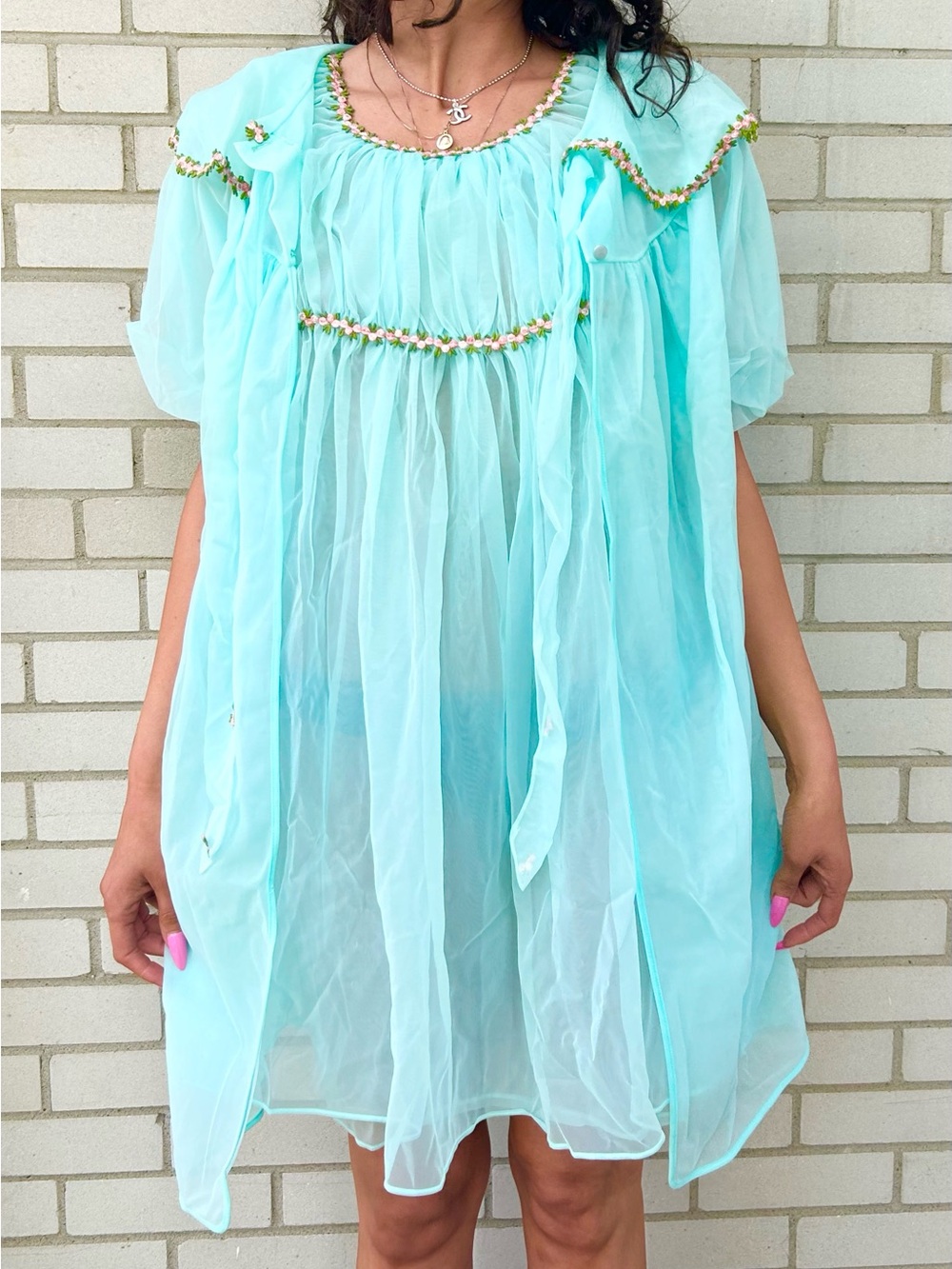 Vintage 60s Aqua Chiffon Peignoir Nightie & Robe 4 layer Sheer Embroidered trim